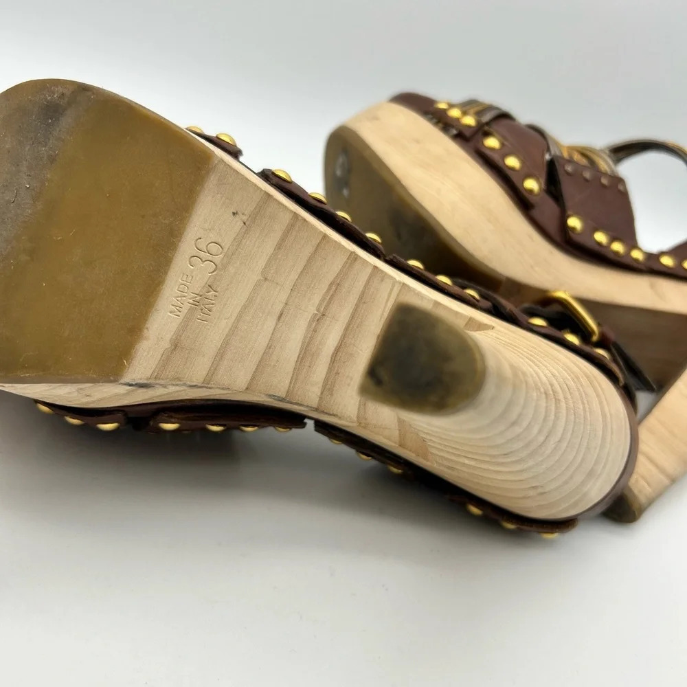 Miu Miu 36 Heel Sling Clog Wedge Platform Stud Brown Leather Wood Y2k boho tall - Picture 11 of 15